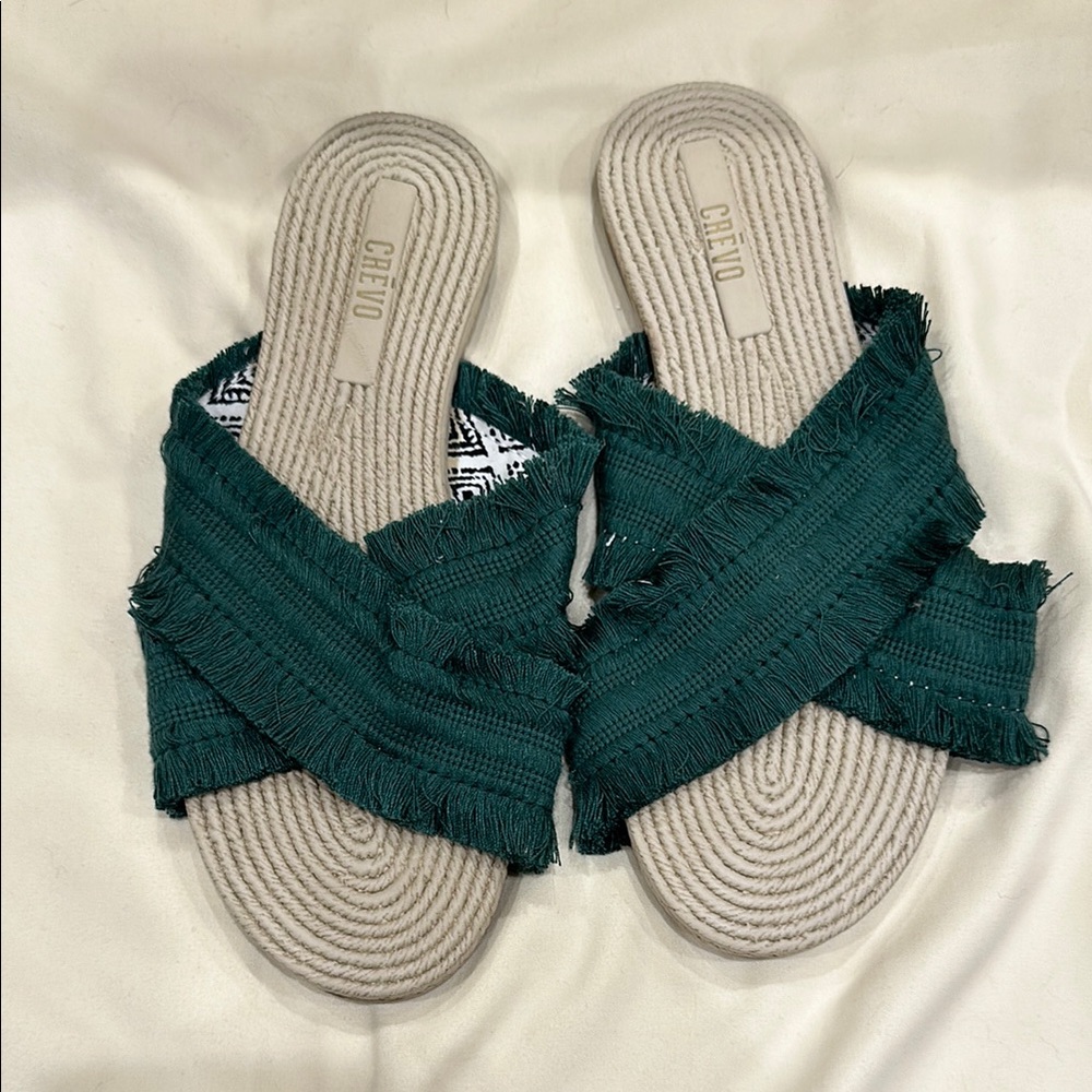 CREVO Women's Green Fringe Slide Sandals